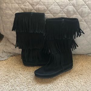Minnetonka Black Fringe Boots